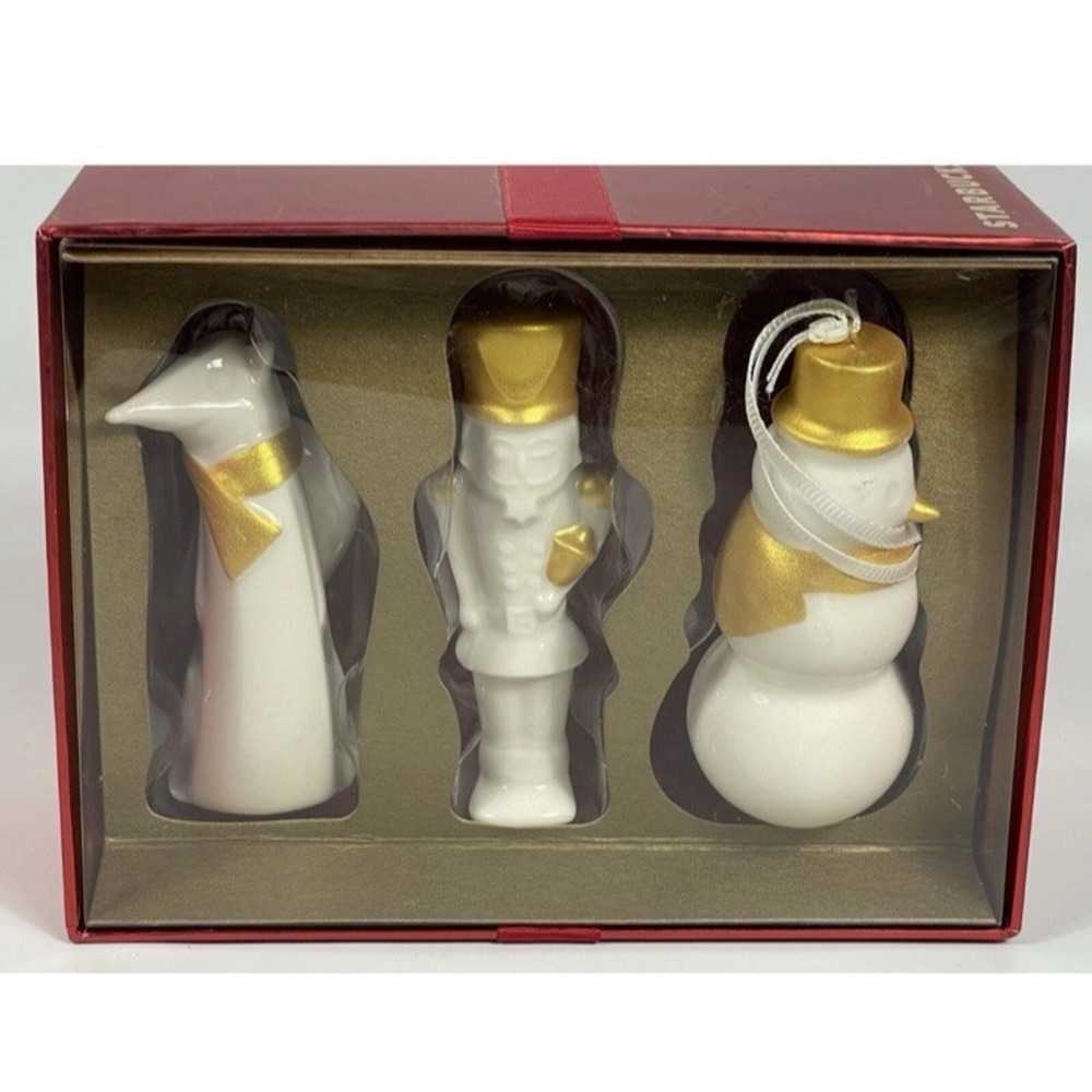 Starbucks 2012 Holiday Ornaments Boxed Trio Fox Snowman & Nutcracker White NIB
